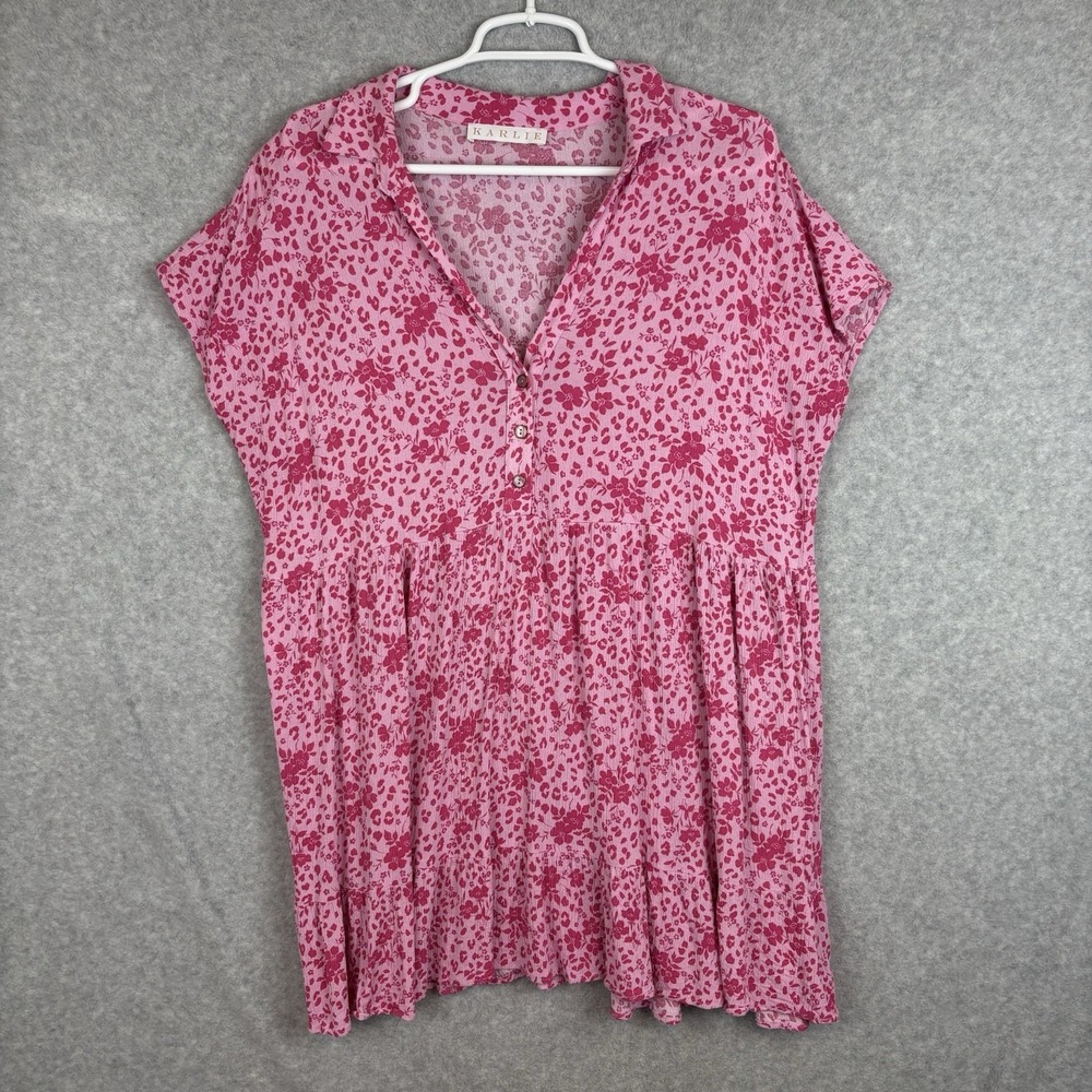 Karlie Women Dress Pink Size Large Mini Floral Button Down Short Sleeve Boho